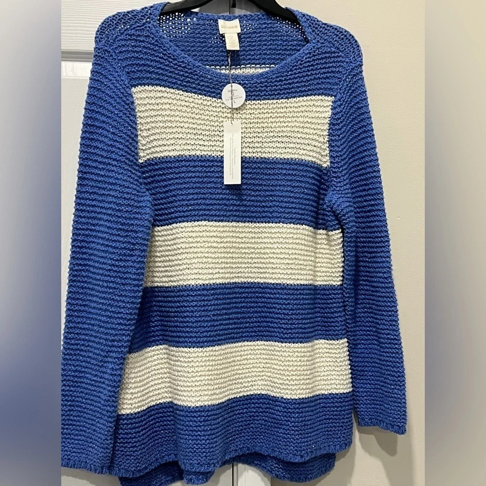 CHICO'S L BLUE & WHITE METALLIC THREAD STRIPPED KNIT SWEATER long sleeve